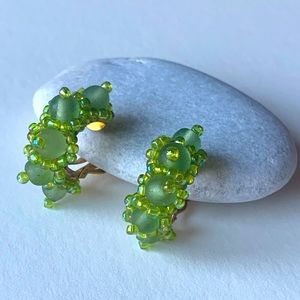 Handmade green glass beads clipped earrings